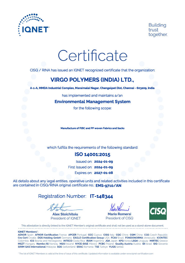 Virgo Polymer Certification ISO 14001