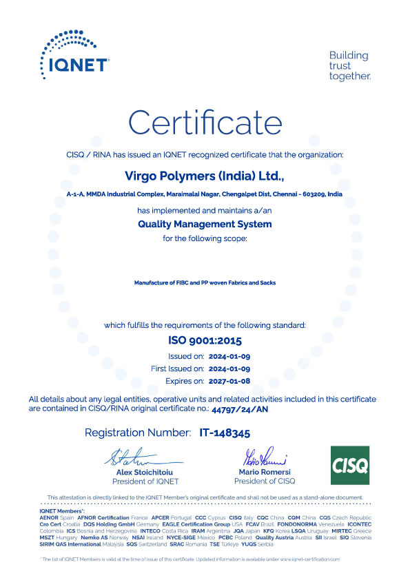 Virgo Polymer Certification ISO 9001